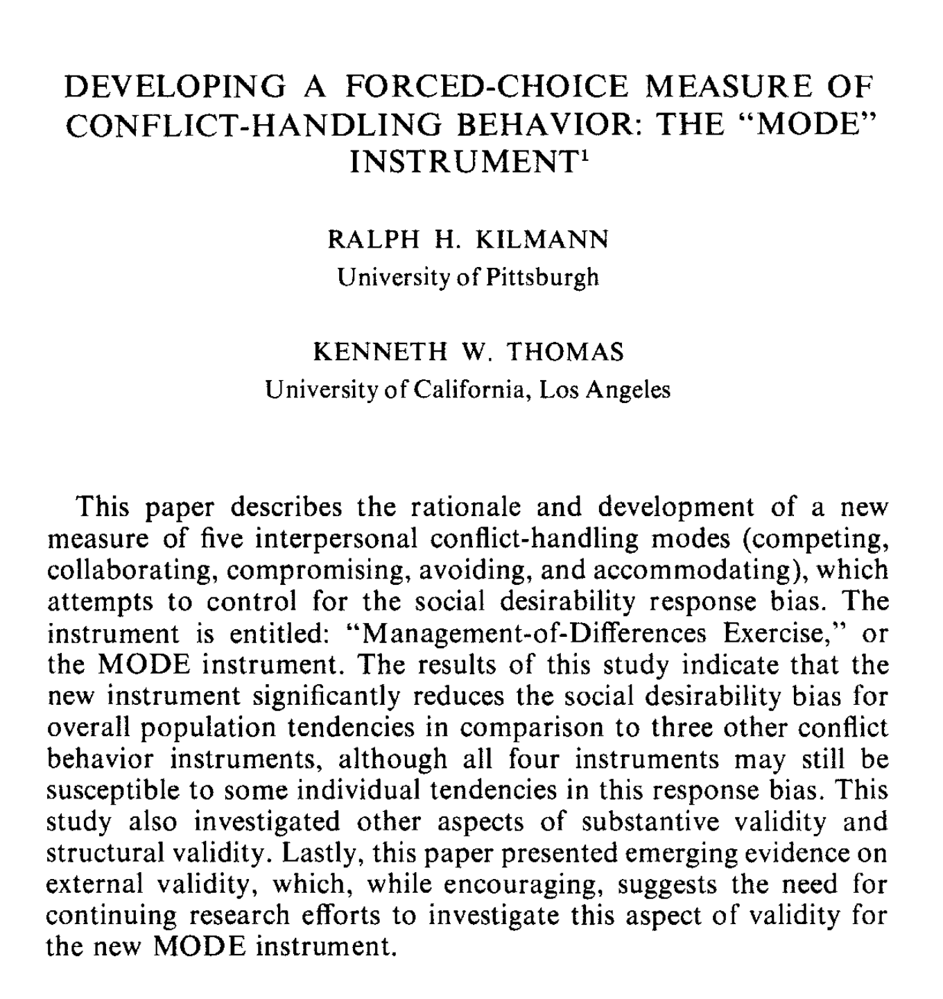 Kilmann and Thomas: The TKI Validity Study